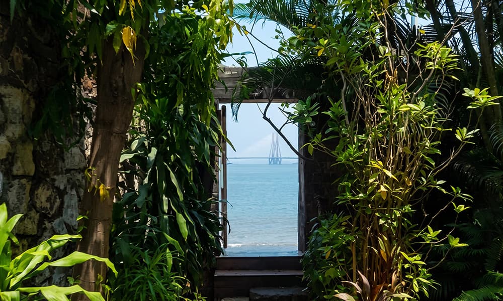 Lush Garden Portal — Where nature framed by stone meets the open horizon.